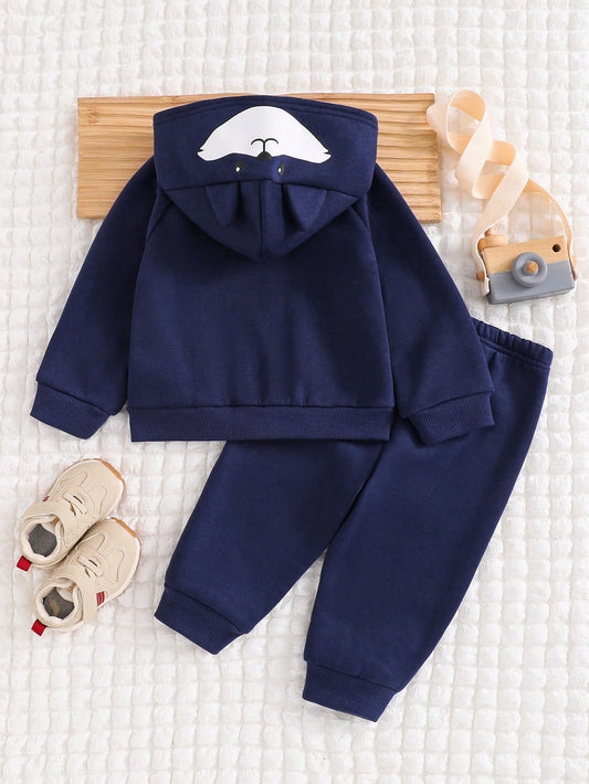 Mummy & Mee Cozy Pixies 2pcs Baby Boy Cartoon Fox Ear Hoodie Jacket And Jogger Pants Set