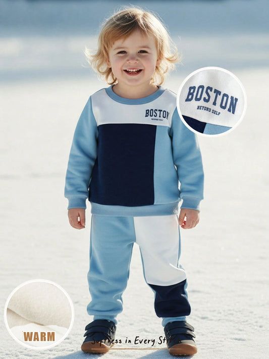 Baby Boy Colorblock Knit Soft Crew Neck Long Sleeve Pullover Sweatshirt And Elastic Waist Jogger Pants Blue