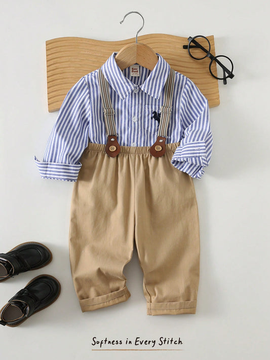 Baby Boy Colorful Striped Lapel Long Sleeve Cardigan Shirt And Bib Pants Set