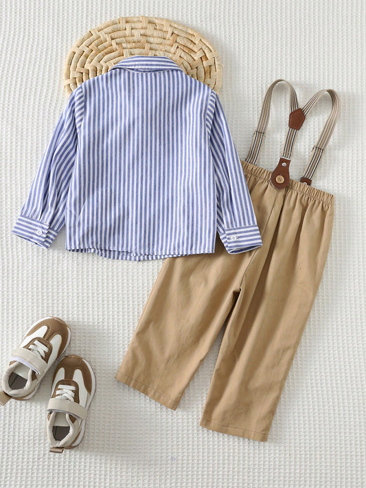 Baby Boy Colorful Striped Lapel Long Sleeve Cardigan Shirt And Bib Pants Set