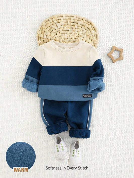 Baby Boy Jacquard Contrast Color Round Neck Long Sleeve Hoodie And Ankle Banded Long Pants Multicolor