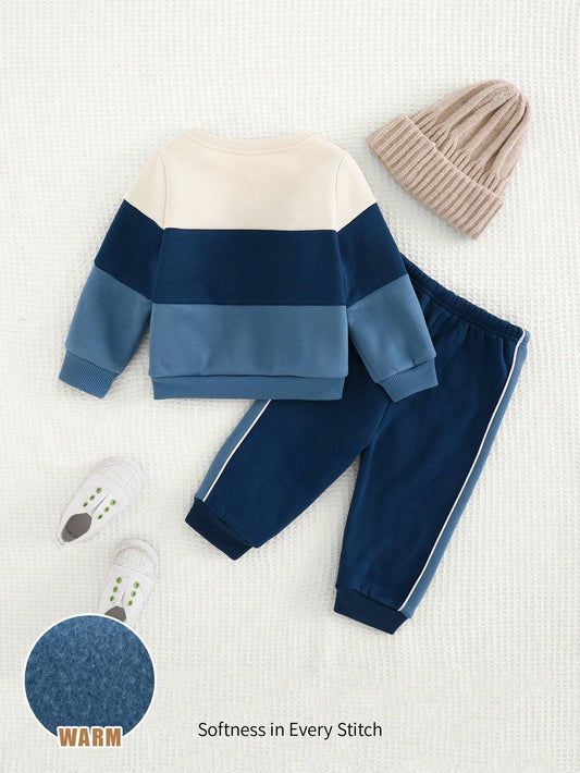 Baby Boy Jacquard Contrast Color Round Neck Long Sleeve Hoodie And Ankle Banded Long Pants