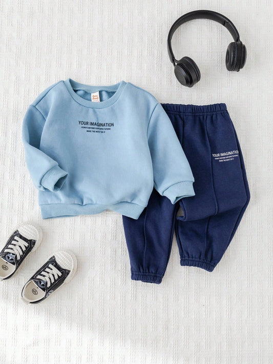 Letter Print Soft Knit Crew Neck Raglan Sleeve Pullover Sweatshirt And Elastic Waist Jogger Pants-S 9-12M