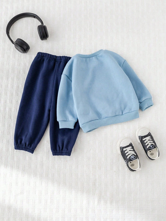 Baby Boy Letter Print Soft Knit Crew Neck Raglan Sleeve Pullover Sweatshirt And Elastic Waist Jogger Pants