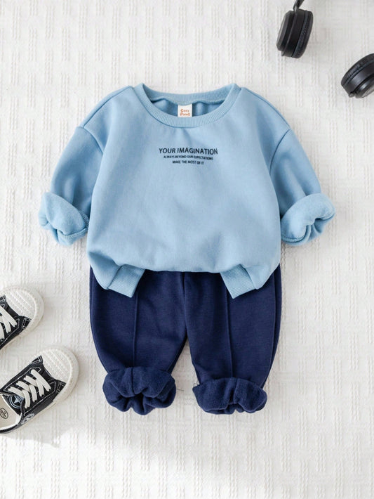Baby Boy Letter Print Soft Knit Crew Neck Raglan Sleeve Pullover Sweatshirt And Elastic Waist Jogger Pants Multicolor