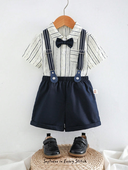 Baby Boy Shirt Collar Short Sleeve Top & Solid Color Suspender Shorts Set