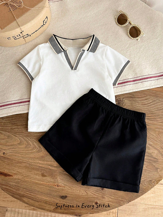 Cozy Pixies 2pcs Baby Boy Soft Knit Polo Collar Short Sleeve Top And Elastic Waist Shorts Set