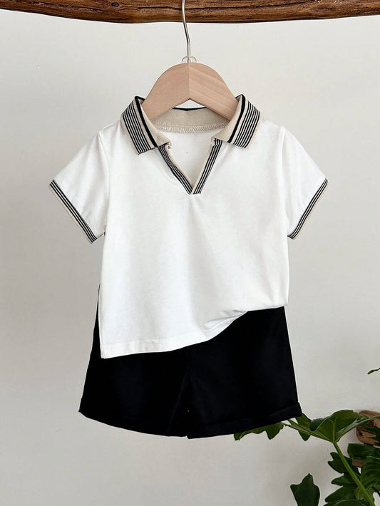 Cozy Pixies 2pcs Baby Boy Soft Knit Polo Collar Short Sleeve Top And Elastic Waist Shorts Set