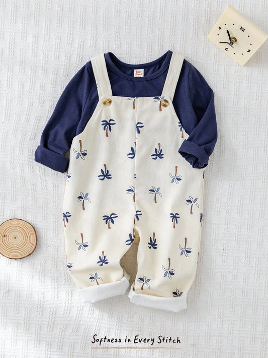 Baby Boy Solid Color Soft Knit Crew Neck Short Sleeve Top And Coconut Tree Pattern Bib Shorts