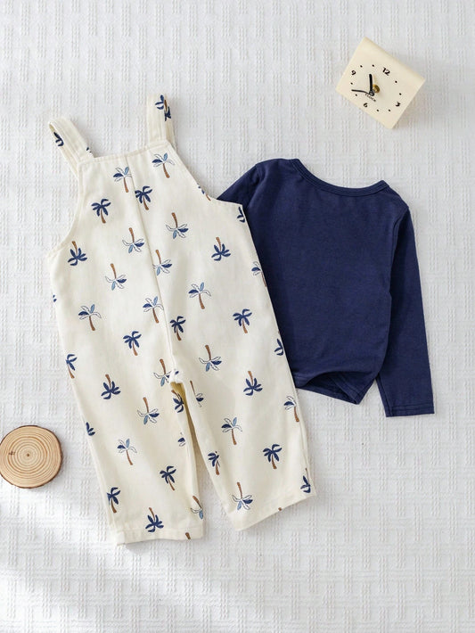 Baby Boy Solid Color Soft Knit Crew Neck Short Sleeve Top And Coconut Tree Pattern Bib Shorts