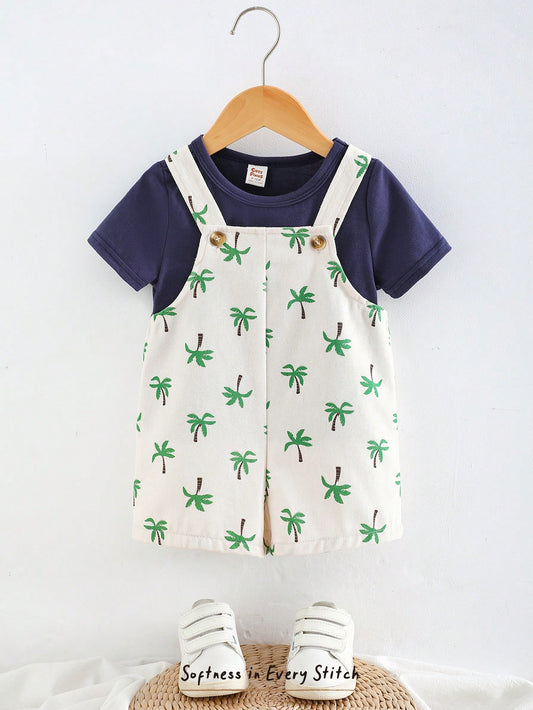 Baby Boy Solid Knit Soft Crew Neck Short Sleeve Top And Coconut Tree Pattern Bib Overall Shorts