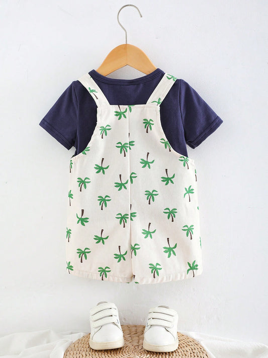 Baby Boy Solid Knit Soft Crew Neck Short Sleeve Top And Coconut Tree Pattern Bib Overall Shorts