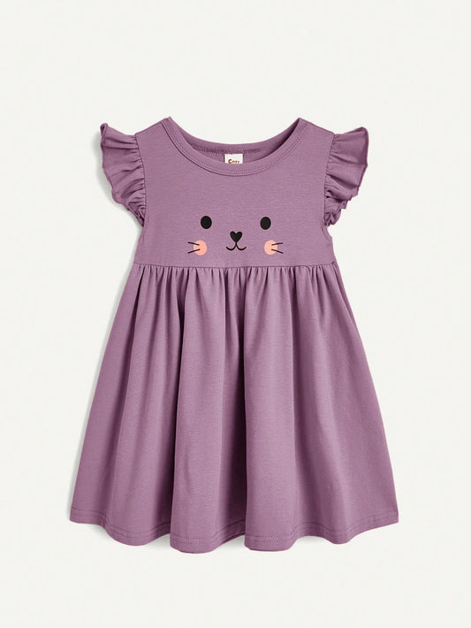 Baby Girl Bunny Patterned Dress With Ruffles And Waistband, Including Diaper Cover Set