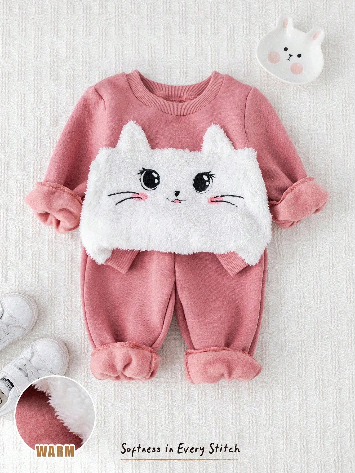 Baby Girl Cartoon Cat Patchwork Soft Knit Crew Neck Long Sleeve Sweatshirt And Elastic Waist Pants Pink