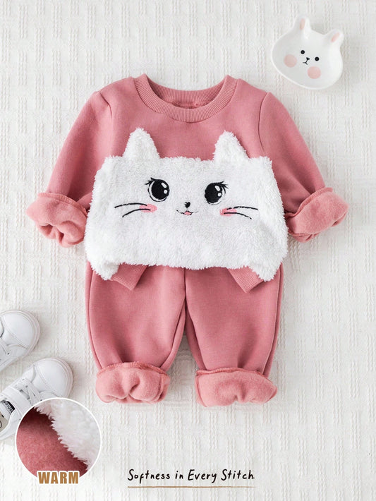 Baby Girl Cartoon Cat Patchwork Soft Knit Crew Neck Long Sleeve Sweatshirt And Elastic Waist Pants Pink