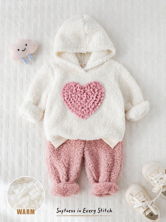 Baby Girl Heart Pattern Thermal Lined Hoodie Sweatshirt And Elastic Waist Pants-S 6-9M