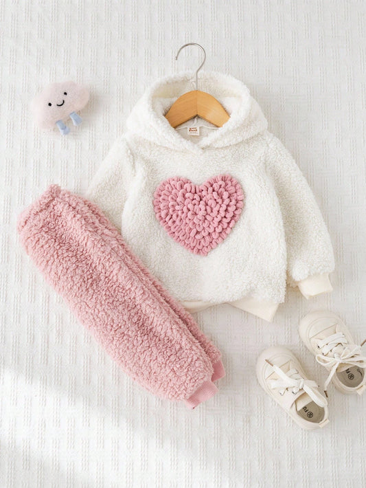 Baby Girl Heart Pattern Thermal Lined Hoodie Sweatshirt And Elastic Waist Pants-S