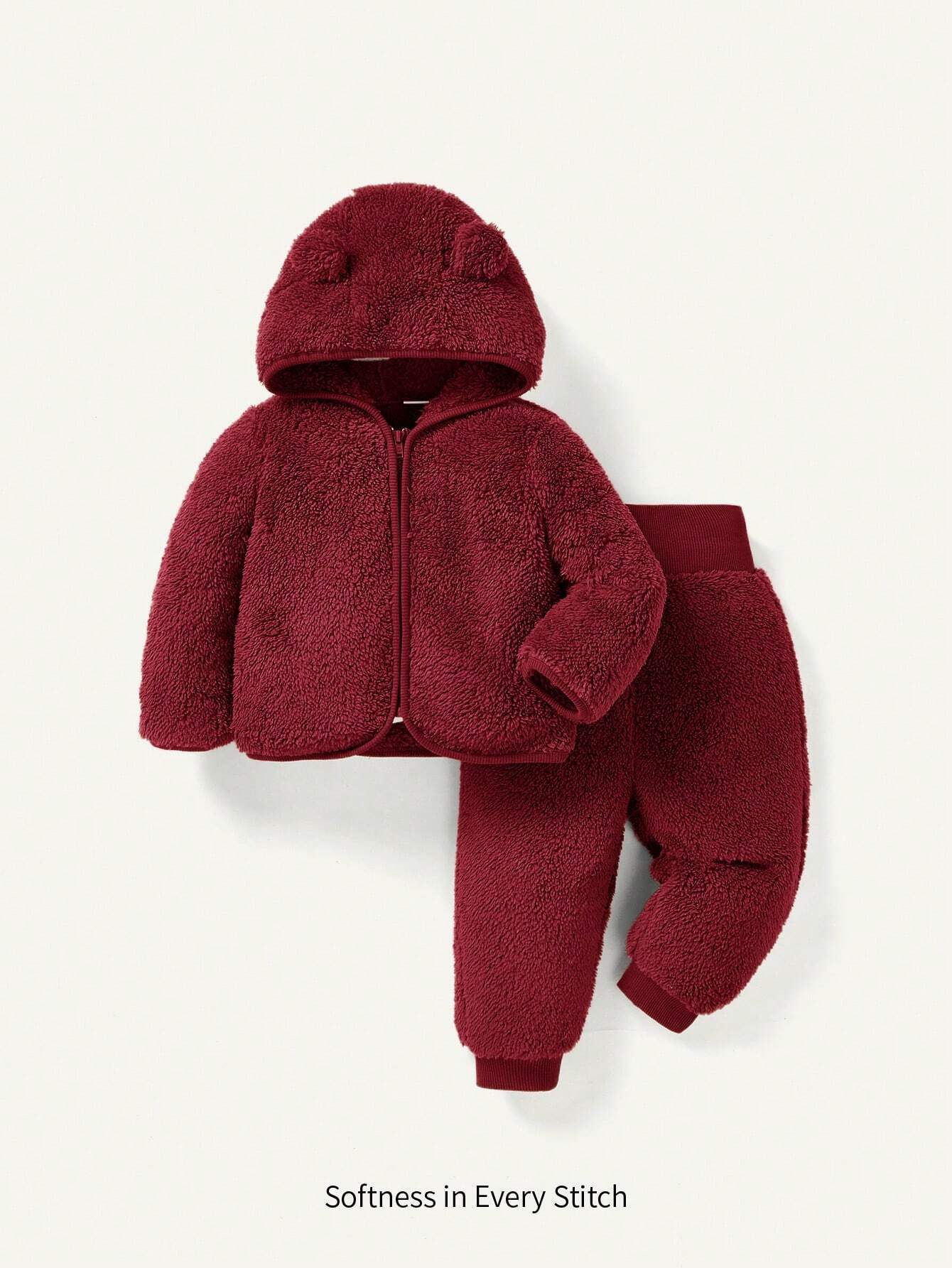 Cozy Pixies 2pcs Baby Girl Hooded Fleece Jacket And Thick Pants Set Burgundy