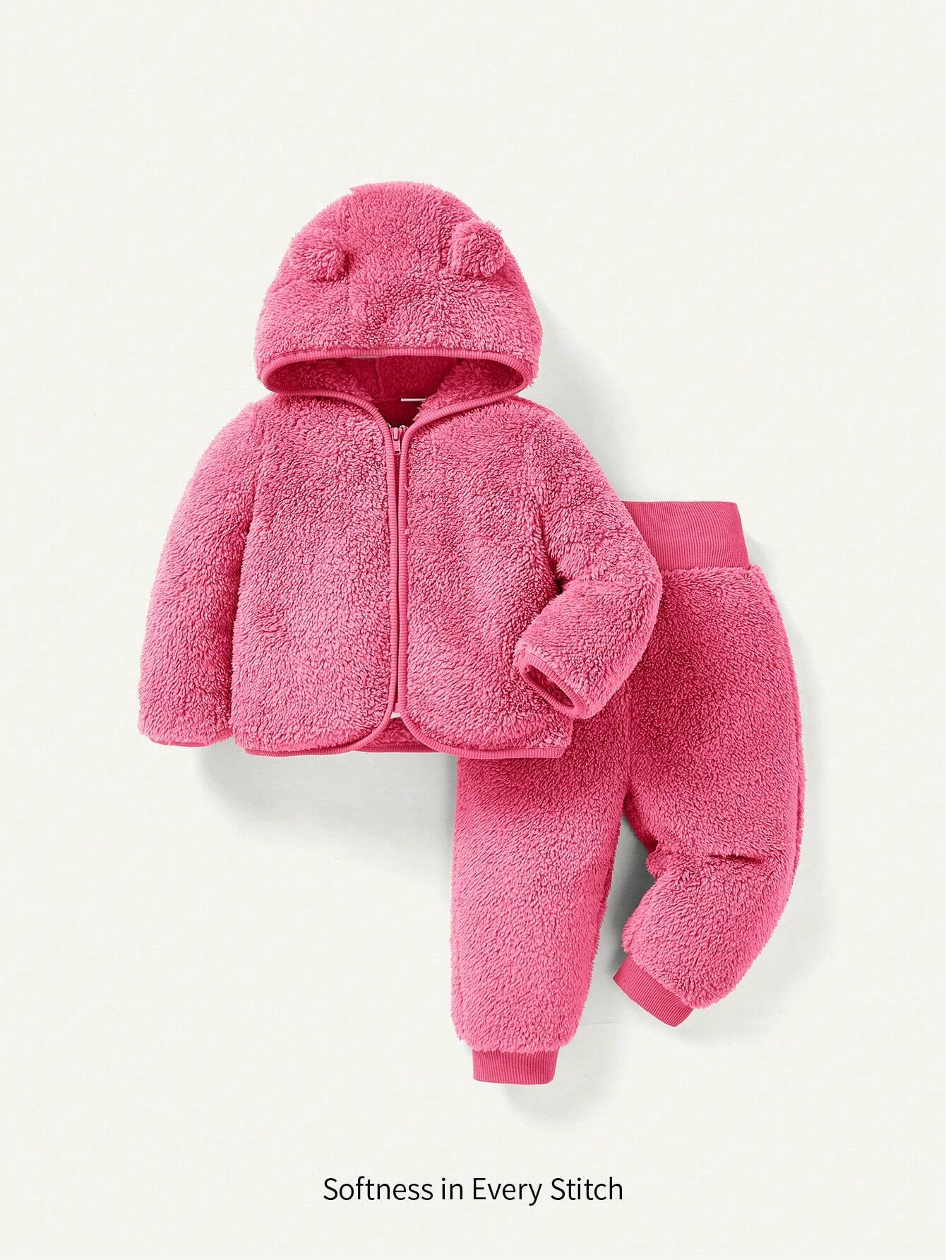 Cozy Pixies 2pcs Baby Girl Hooded Fleece Jacket And Thick Pants Set Hot Pink