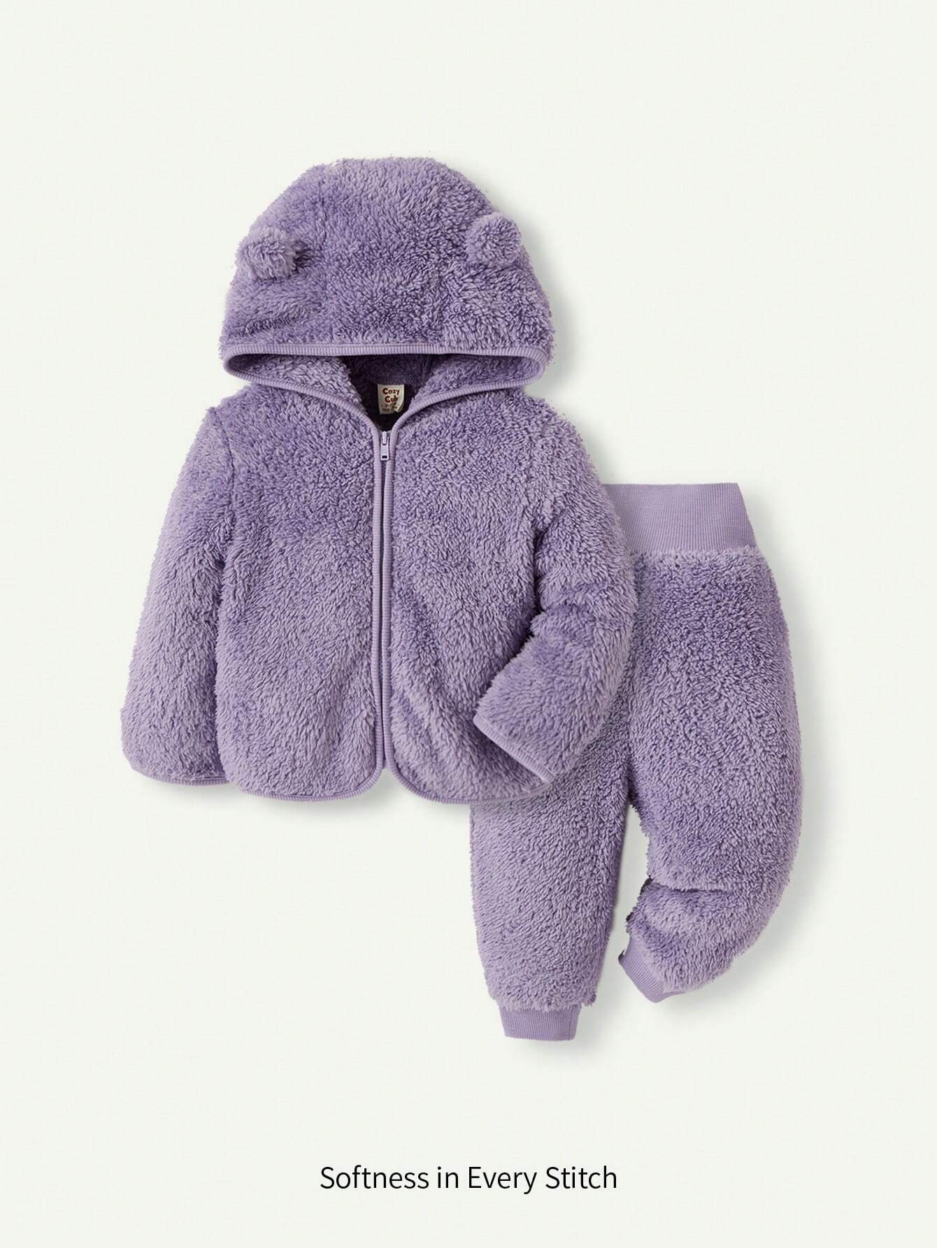 Cozy Pixies 2pcs Baby Girl Hooded Fleece Jacket And Thick Pants Set Violet Purple