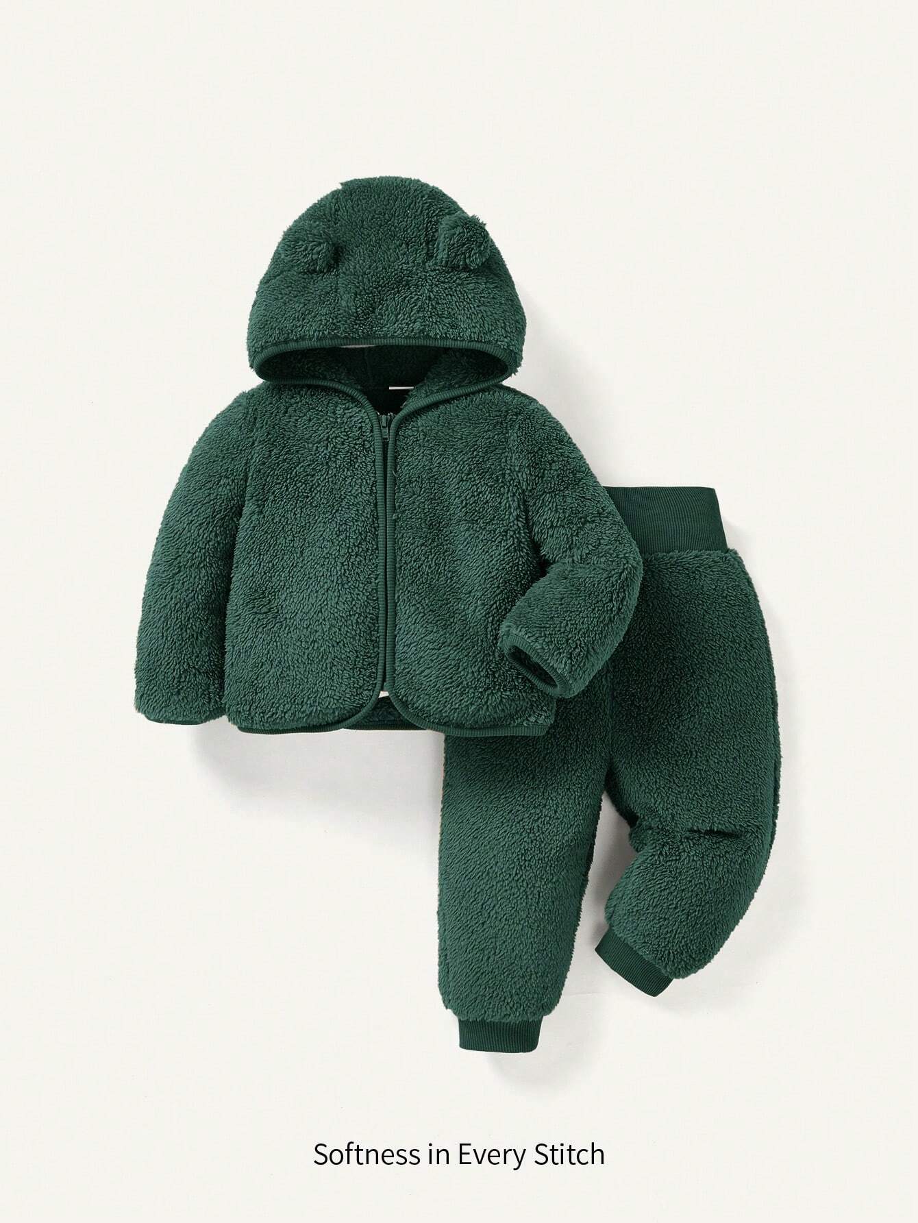 Cozy Pixies 2pcs Baby Girl Hooded Fleece Jacket And Thick Pants Set Dark Green