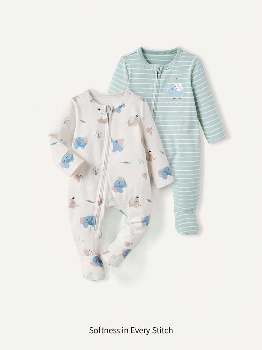 Baby Boy Cartoon Pattern Round Neck Long Sleeve Romper And Pants-S 0-1M