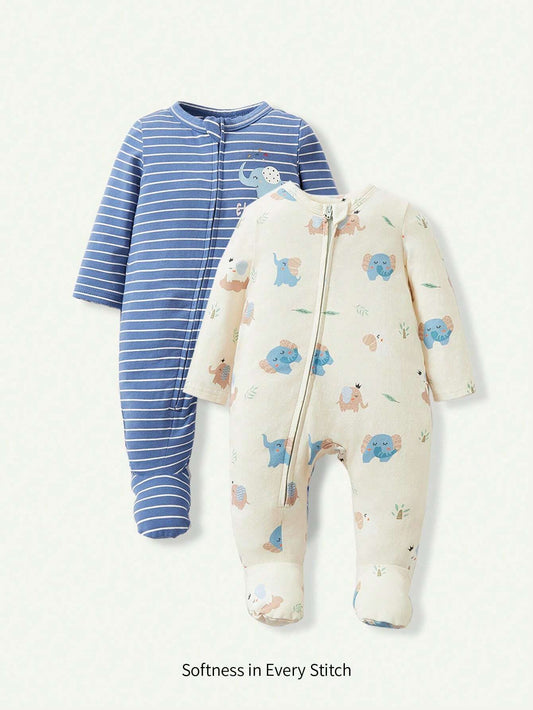 Cozy Pixies Newborn Baby Boy Cartoon Pattern Round Neck Long Sleeve Romper And Pants Set Matching Set Blue