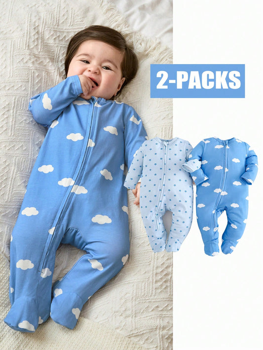 Newborn Baby Boy/Girl Star Print Knitted Soft Round Neck Long Sleeve Romper Blue