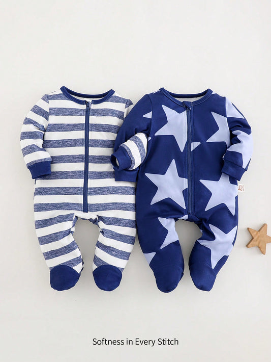 Cozy Pixies 2pcs Newborn Baby Boy Star & Stripe Knit Soft Round Neck Long Sleeve Footed Romper Pants Set SKU: sa2409302029766 Multicolor