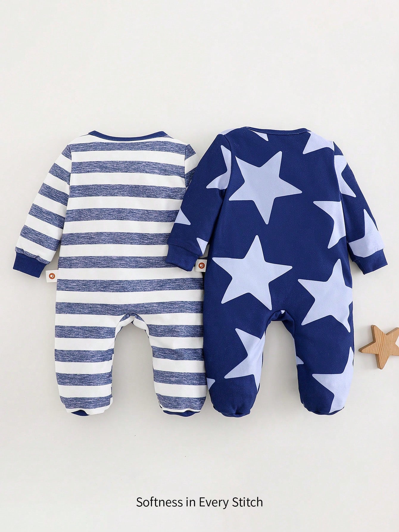 Cozy Pixies 2pcs Newborn Baby Boy Star & Stripe Knit Soft Round Neck Long Sleeve Footed Romper Pants Set SKU: sa2409302029766