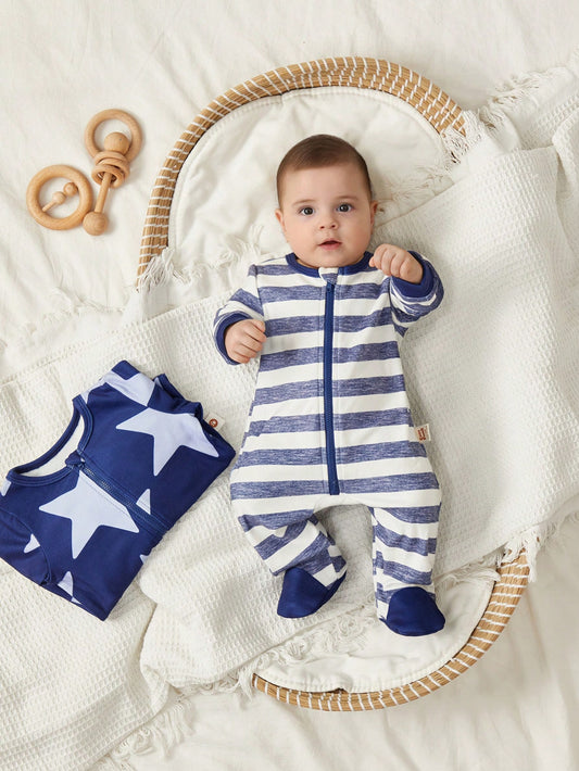 Cozy Pixies 2pcs Newborn Baby Boy Star & Stripe Knit Soft Round Neck Long Sleeve Footed Romper Pants Set SKU: sa2409302029766