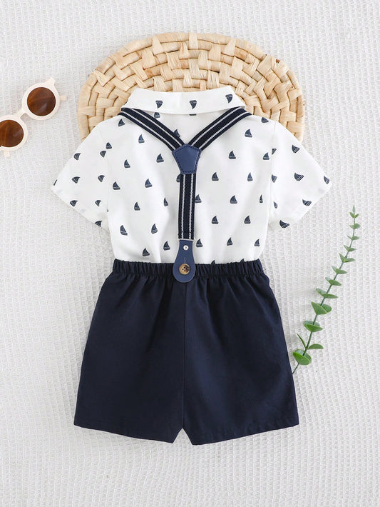Baby Boy Bow Tie Collar Short Sleeve Top And Bib Shorts Outfit