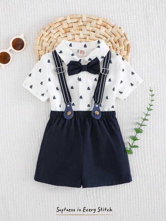 Baby Boy Bow Tie Collar Short Sleeve Top And Bib Shorts Outfit