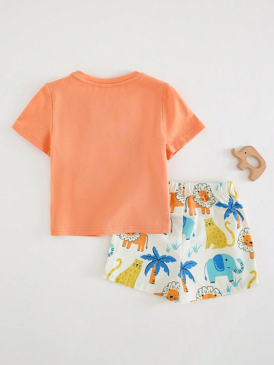 Baby Boy Cartoon Animal Pattern Knitted Soft Round Neck Short Sleeve Top With Elastic Waist Shorts