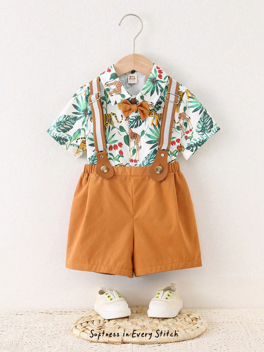 Baby Boy Floral Print Lapel Short Sleeve Cardigan And Bib Shorts Outfit