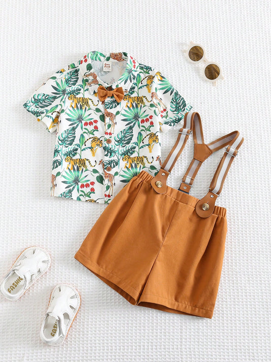 Baby Boy Floral Print Lapel Short Sleeve Cardigan And Bib Shorts Outfit