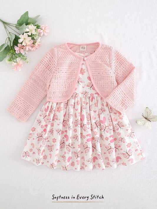 2pcs/Set Floral Butterfly Print Dress & Solid Knit Cardigan Sweater