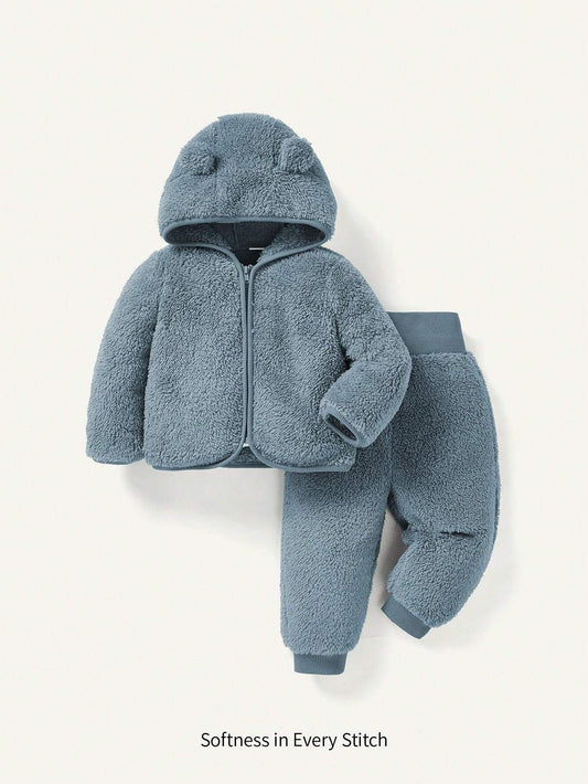 Cozy Pixies 2pcs Baby Girl Hooded Fleece Jacket And Thick Pants Set Blue