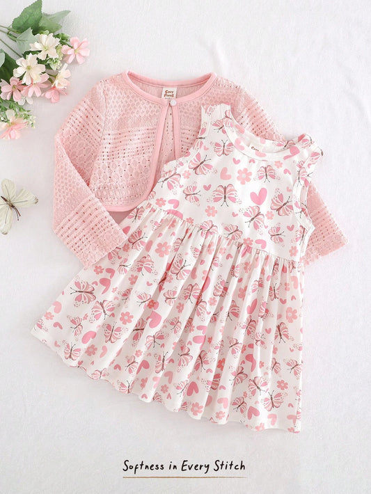 Baby Girl Solid Knit Soft Cardigan Sweater & Floral Print Round Neck Sleeveless Waisted Dress Set