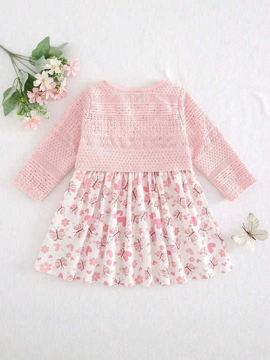 Baby Girl Solid Knit Soft Cardigan Sweater & Floral Print Round Neck Sleeveless Waisted Dress Set