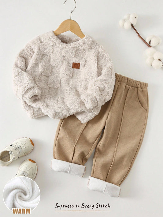 Retro Style Thick Fleece Crew Neck Long Sleeve Sweatshirt And Elastic Waist Pants-S 7Y