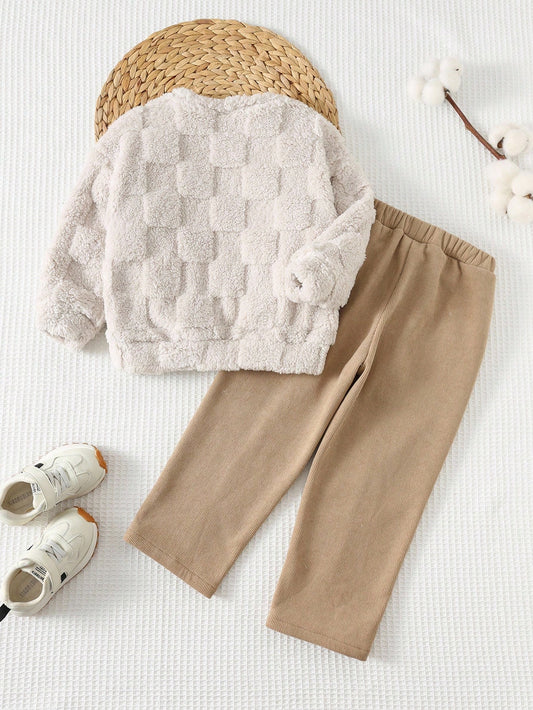 Retro Style Thick Fleece Crew Neck Long Sleeve Sweatshirt And Elastic Waist Pants-S