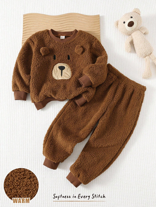 Mummy & Mee Cozy Pixies 2pcs/Set Young Boy Cartoon Bear Pattern Thermal Lined Crew Neck Long Sleeve Hoodie And Elastic Waist Ankle Length Pants Set 4Y