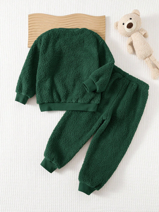 Young Boy Cartoon Bear Print Thermal Lined Crew Neck Long Sleeve Hoodie And Elastic Waist Ankle Length Pants-S