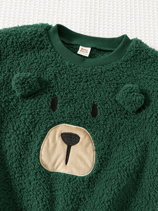 Young Boy Cartoon Bear Print Thermal Lined Crew Neck Set-S
