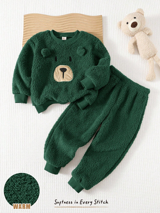 Young Boy Cartoon Bear Print Thermal Lined Crew Neck Long Sleeve Hoodie And Elastic Waist Ankle Length Pants-S 4Y