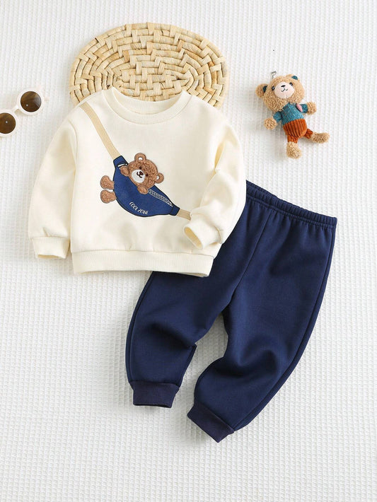 Young Boy Cartoon Bear Thermal Lined Sweatshirt And Pants-S