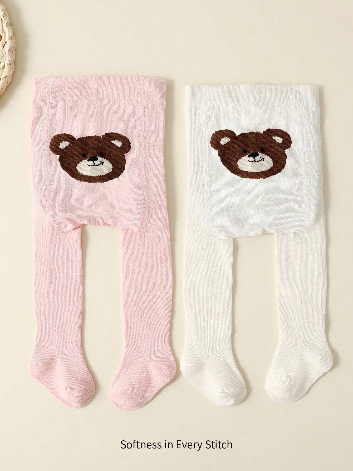 2pcs White And Pink Baby Girls Cartoon Bear Pattern Tights Multicolor