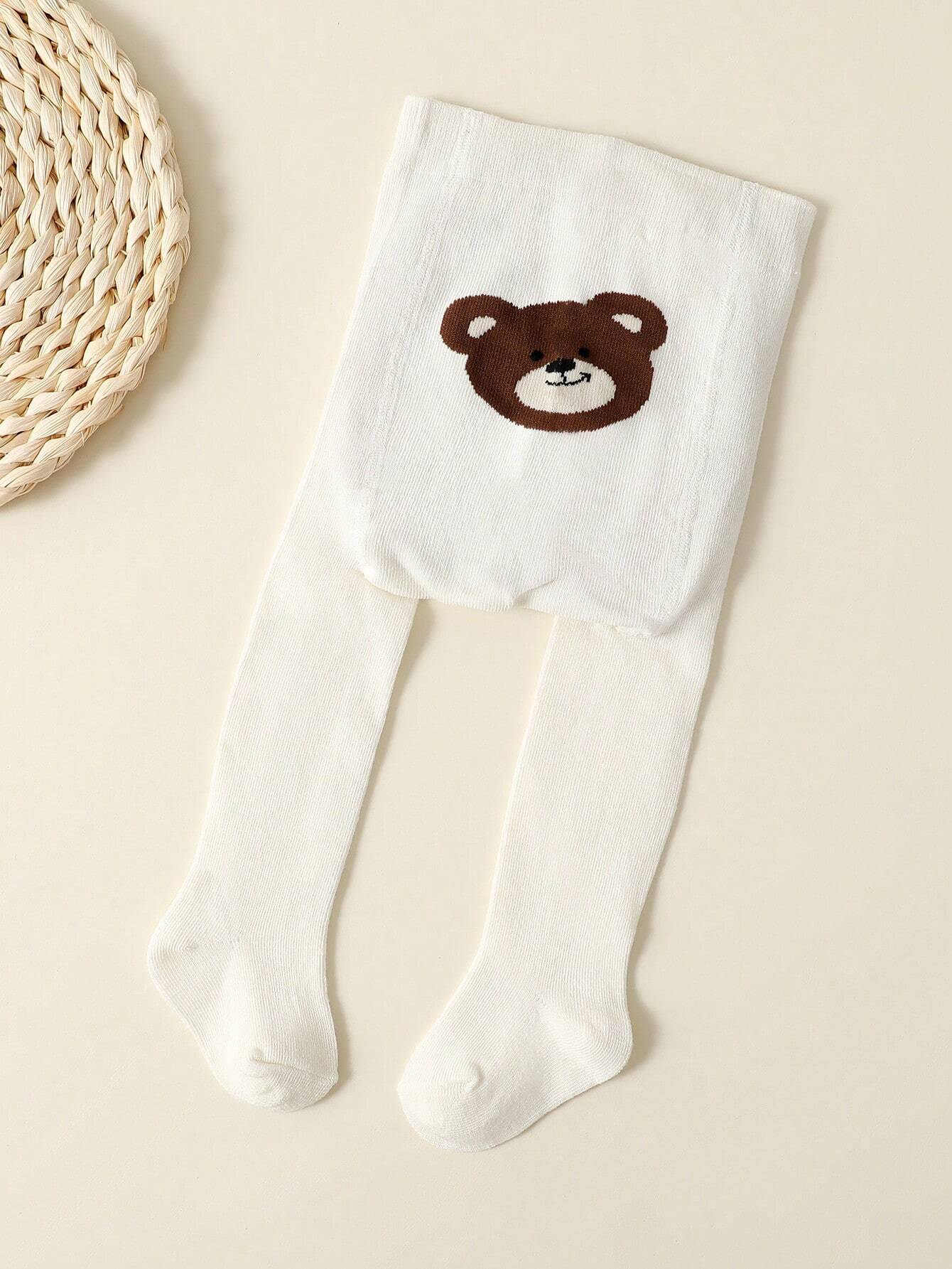 2pcs White And Pink Baby Girls Cartoon Bear Pattern Tights