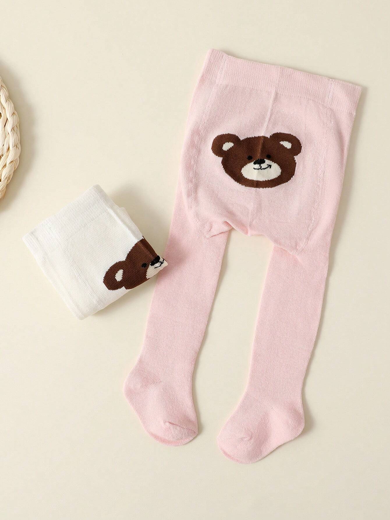 2pcs White And Pink Baby Girls Cartoon Bear Pattern Tights
